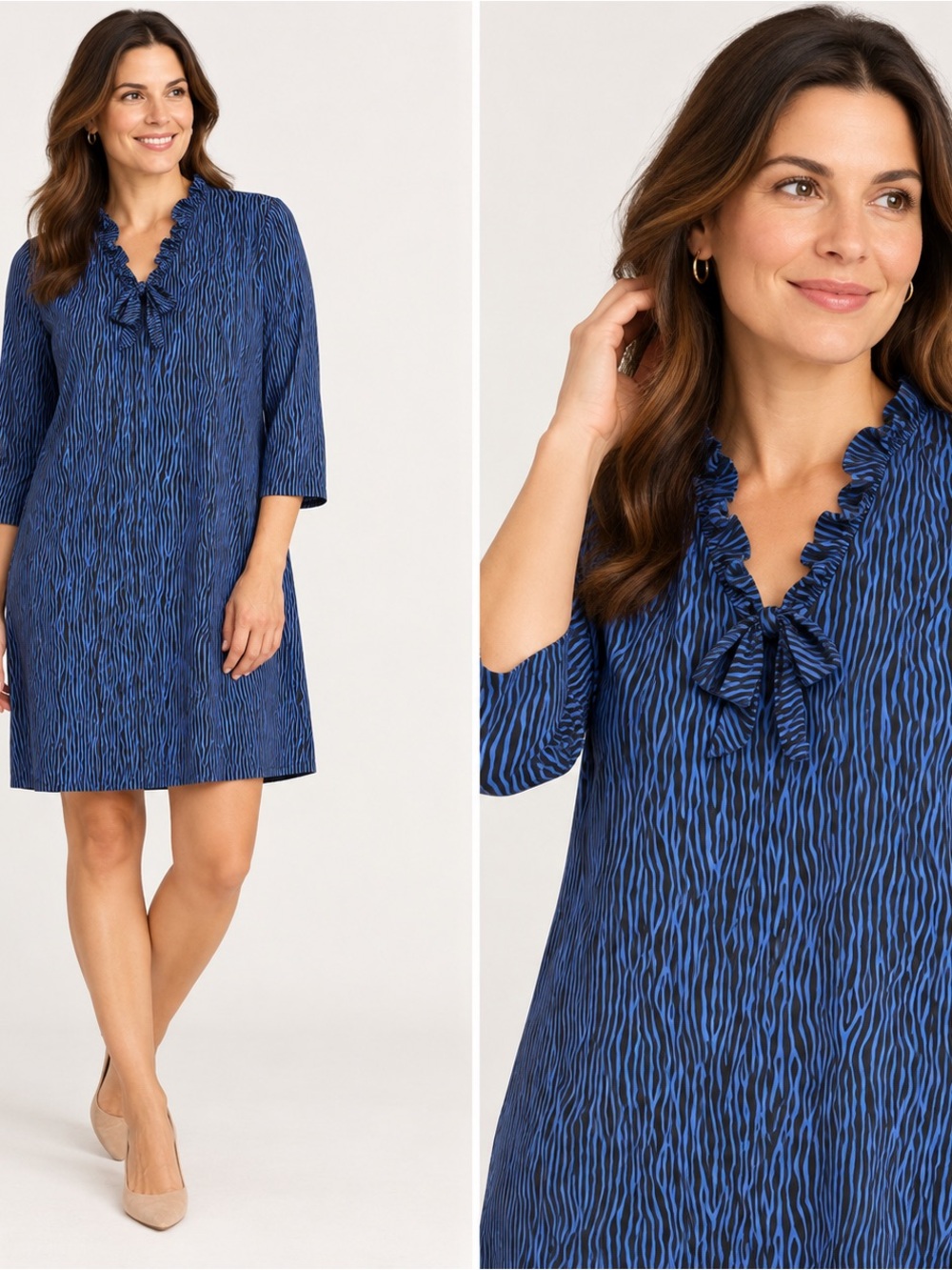 J.McLaughlin‎ Blue Black Zebra Print Ruffle Tie Neck Dress 3/4 Sleeve Large